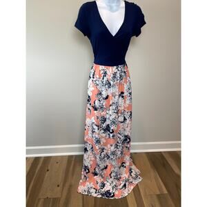 Gilli Mixed Fabric Maxi Dress Size M Knit Top Chambray Floral Slit Made in USA